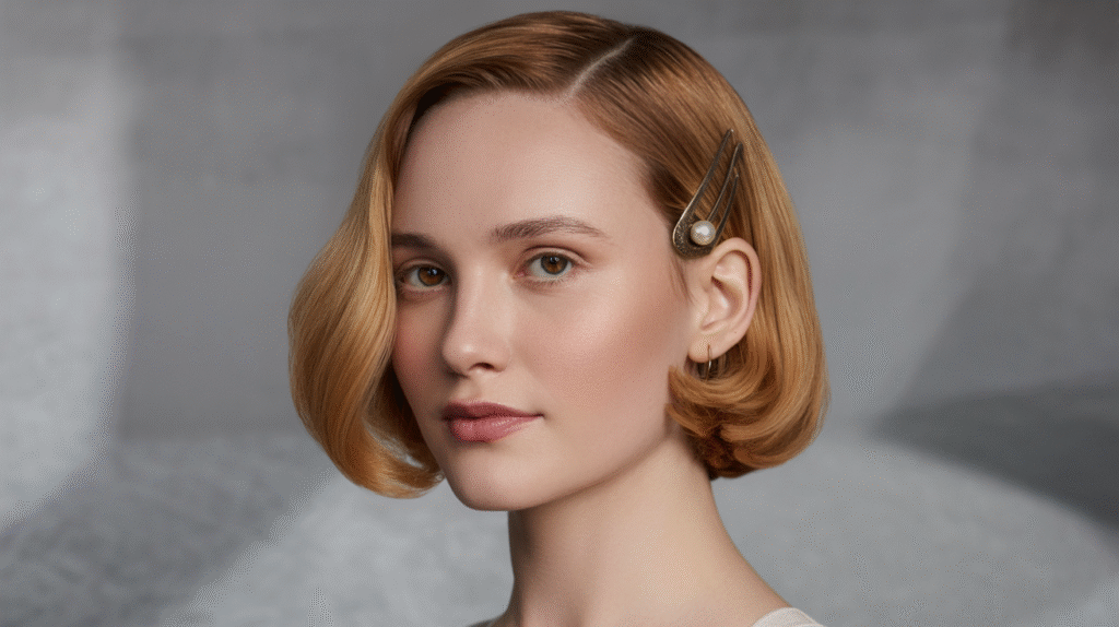 photo of A sleek, jawline-hugging bob in strawberry blonde haircut