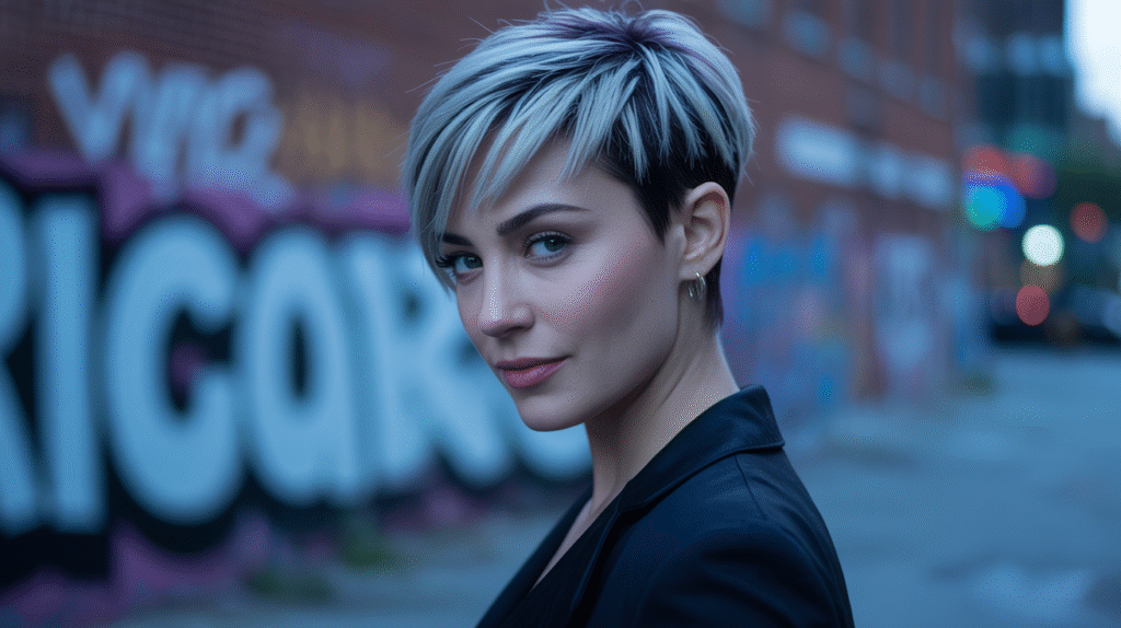 pixie cut with silver highlights