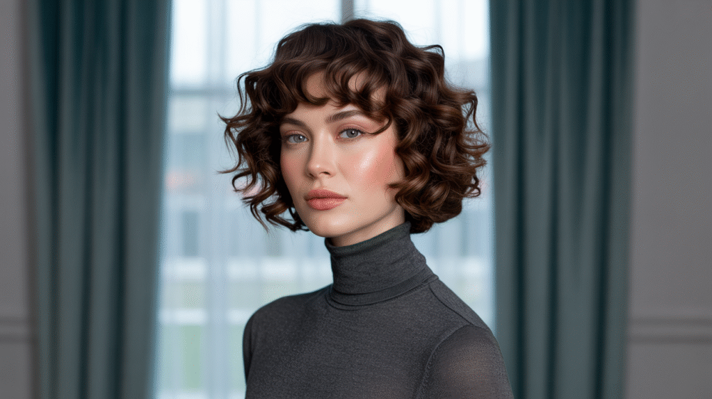 photo of the Curly Bob with Curved Bangs haircut